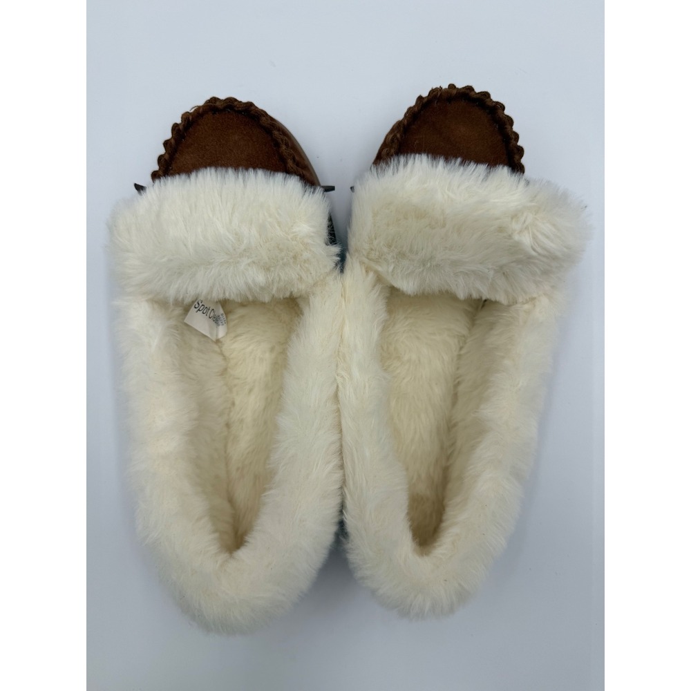 Charter Club Womens 7 Brown Split Leather Faux Fur Moccasin Slippers Cozy Shoes